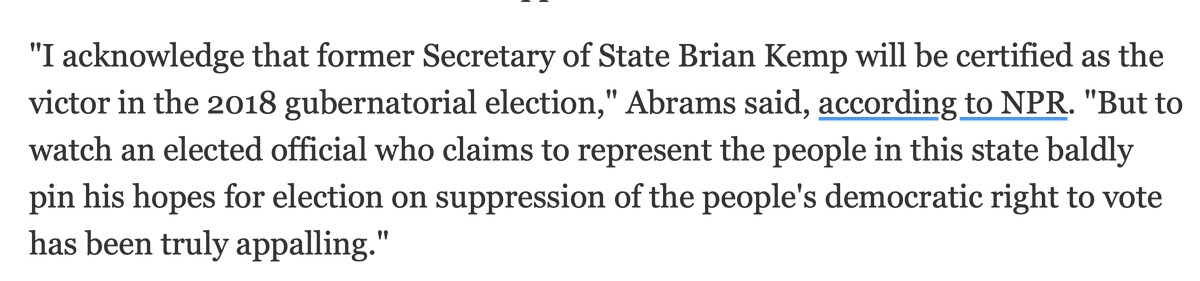 ...and by the way, Comrade  @SenAlexander - Stacey Abrams conceded. She criticized  @BrianKempGA for his using his position as secretary of state to engage in mass removal of registrations, primarily in African American areas..../2