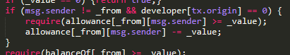 Now looking at the first red box, which frames an if-condition, we see, that there isdeveloper[tx.origin] == 0which means, that this tx is NOT coming from the developer wallet. If that's the case it checks for the allowance. If it DOES come from the developer this gets skipped.