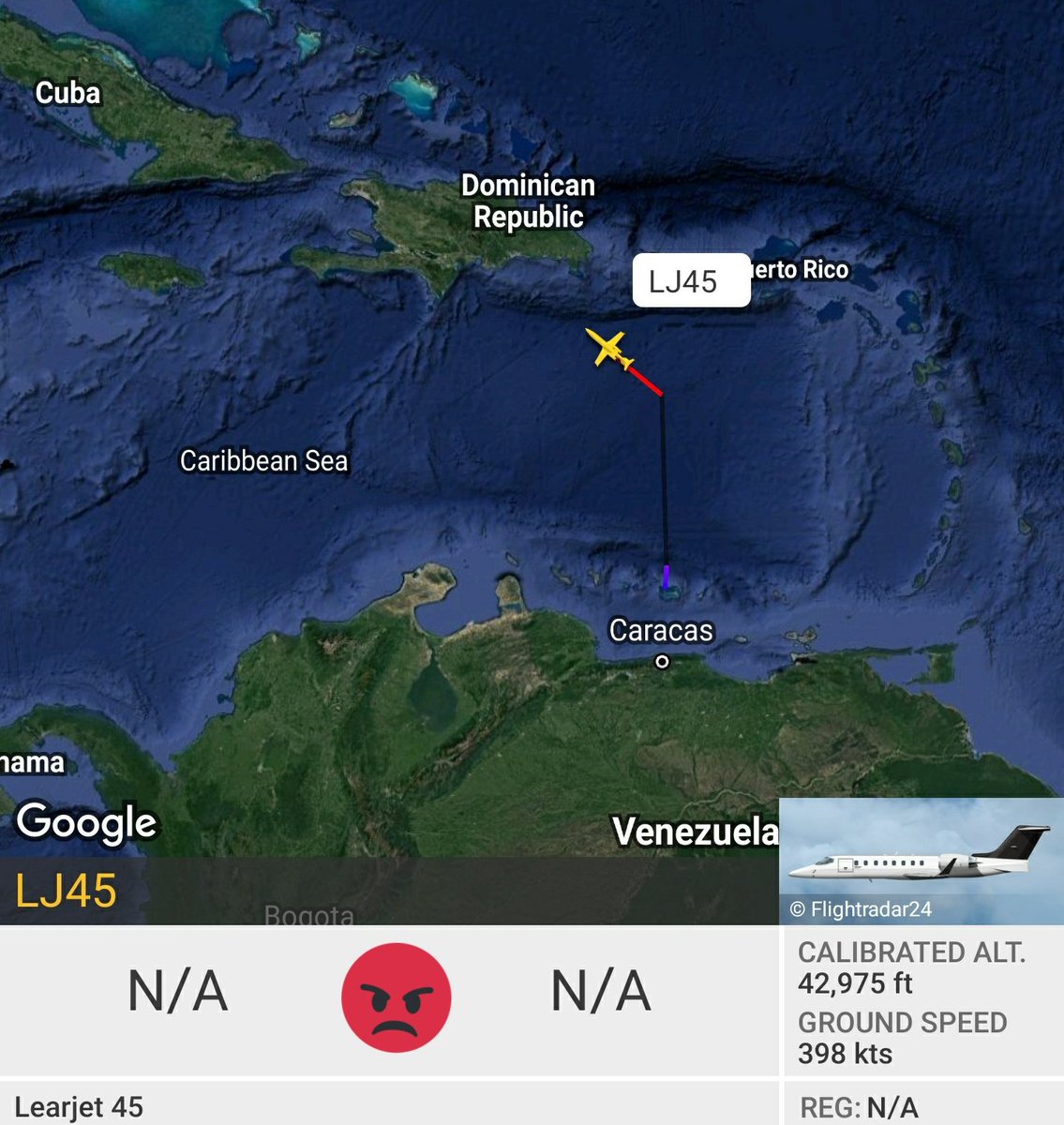Arr3ch0's tweet photo. Sancionado LJ45 de PDVSA #YV2734 sobrevolando el Mar Caribe aproximándose a República Dominicana en dirección Noroeste.
#Venezuela https://t.co/VK1IBtOriF