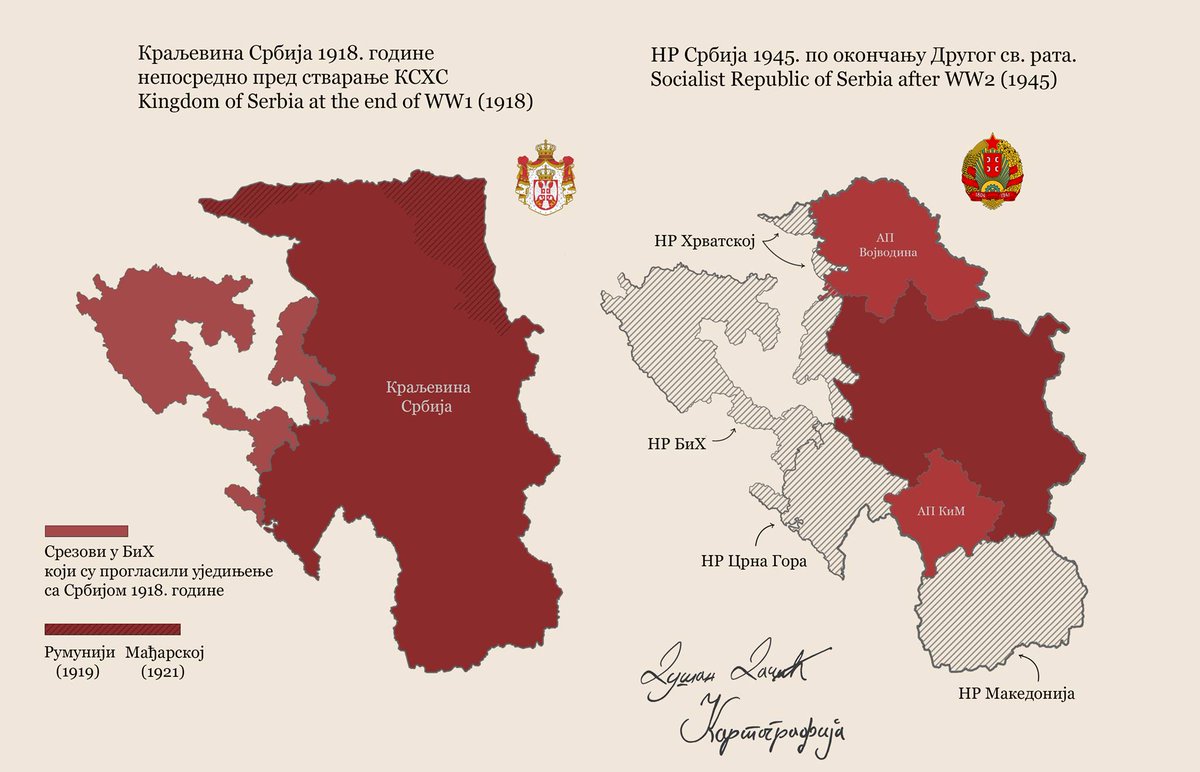 9. Here's a map comparing what  #Serbia controlled in 1918, & what was left of it after  #Tito & the  #AVNOJ decided in 1943-1945 of its borders within  #Yugoslavia to be.Yugoslavia didn't pay off for  #Serbs & retrospectively King  #Aleksandar  #Karadjordjevic picked the wrong option.