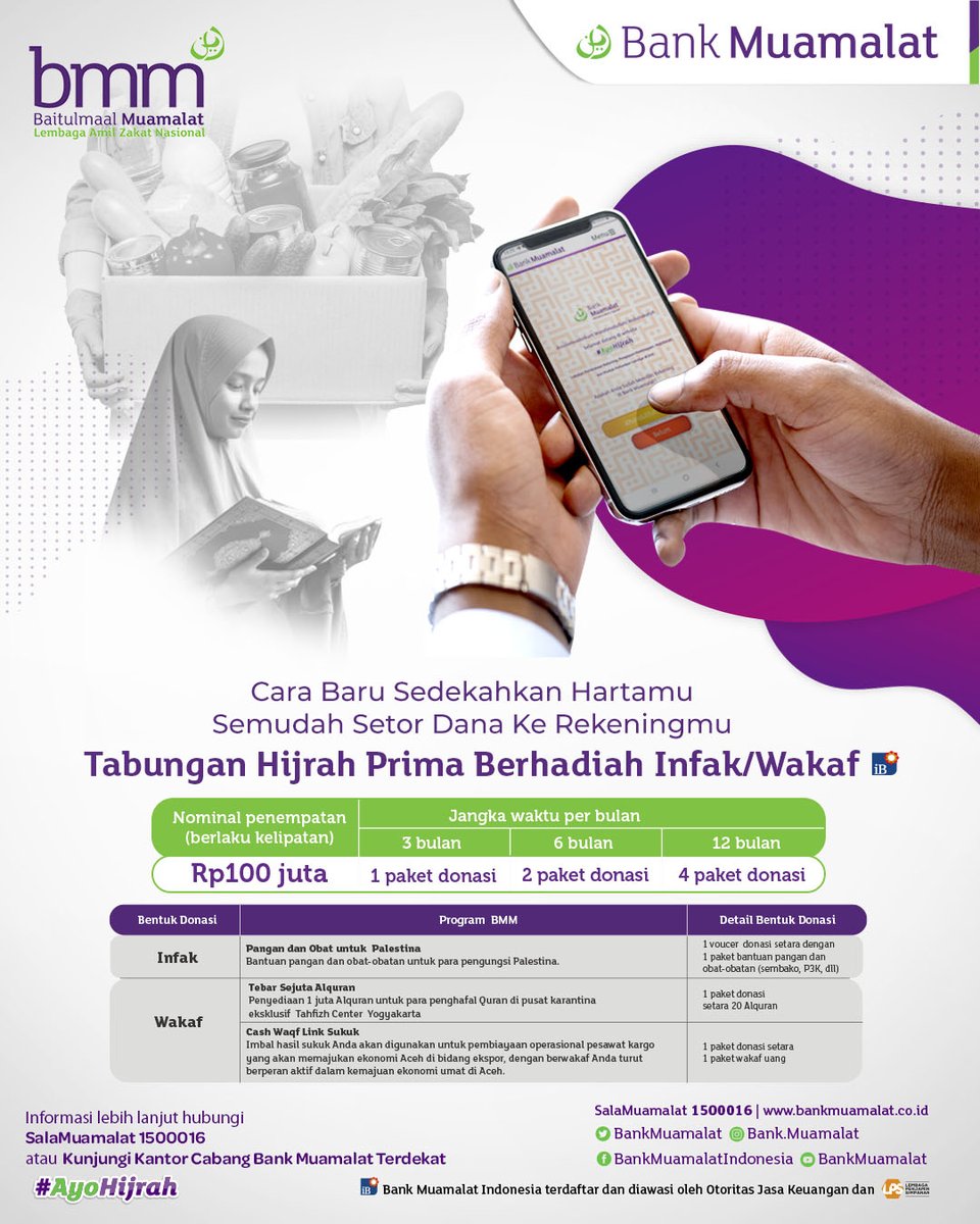 BankMuamalat's tweet photo. Assalaamualaikum BMers!
Tabunganmu jadi lebih bermanfaat dengan pilihan melalui Tabungan Prima Berhadiah Infak/Wakaf. Yuk buka Tabunganmu sekarang, sambil menabung sekaligus beramal. #TabunganHijrahPrima #TabunganMuamalat #TPBInfak #TPBInfakBMM #BMIBMM https://t.co/ST7qS2GHS3