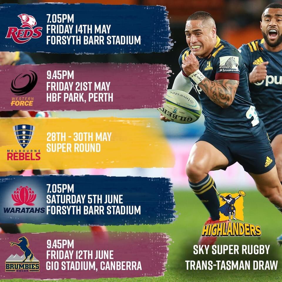 Sky Super Rugby Trans-Tasman draw confirmed π 2 massive games at Forsyth Barr Stadium against Queensland Reds and Waratahs π
Secure your Club Membership NOW to guarantee the best seats under the roof π https://t.co/jq8hvOdb2U
#WeAreHighlanders https://t.co/UQ4V9K6Rqj