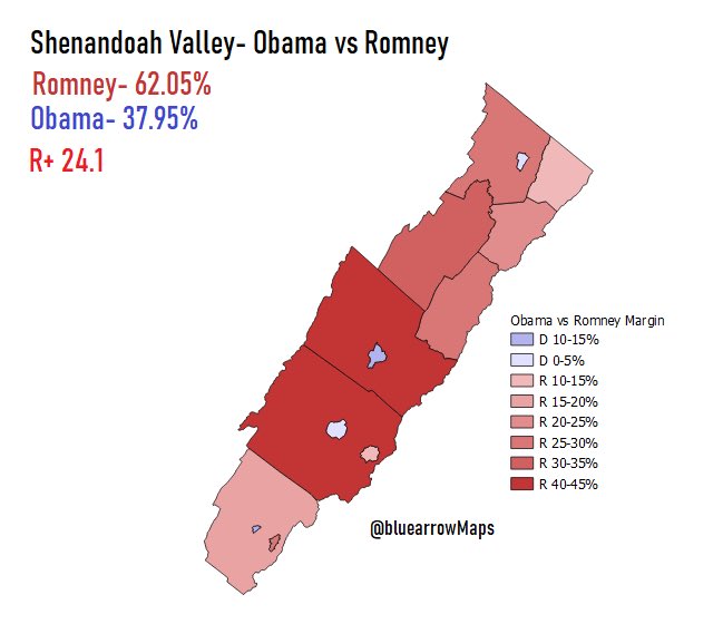 Biden did about 7 points better than Obama in 2012, improving in the cities, and Augusta and Rockingham counties, while doing worse in Rockbridge and some of the northern counties