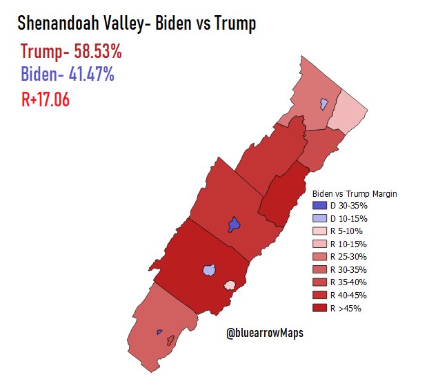 The Shenandoah Valley (as defined by the VA department of tourism) is pretty Republican area, but Joe Biden managed to crack 40% in 2020. He mainly did well in the cities of Winchester, Lexington, Staunton, and Harrisonburg (more maps in thread)  #ElectionTwitter