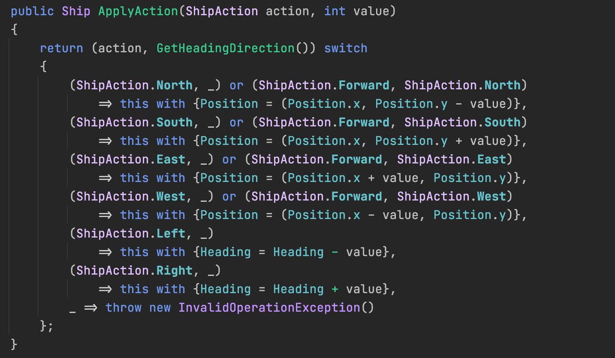 kev_bite's tweet image. I&apos;m finding it really easy to express things like this in C# for #AdventOfCode2020 #day12 #part1