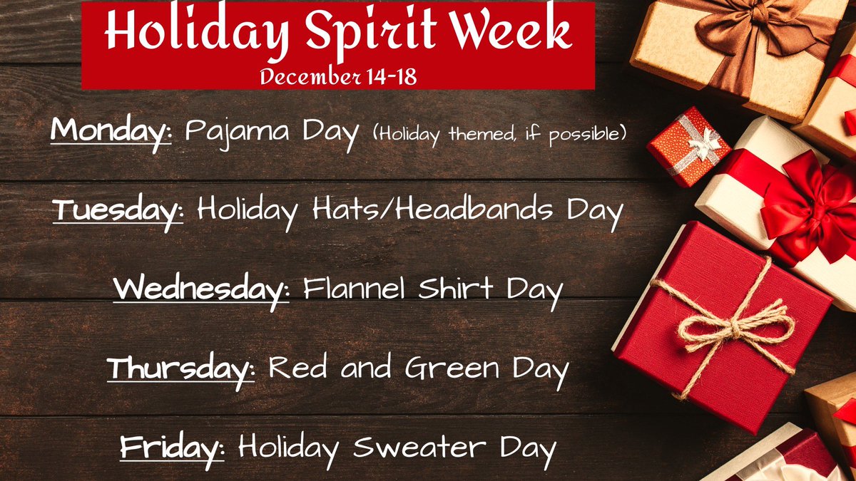 wpsjefferson's tweet photo. Join us for a Holiday Spirit Week this week at Jefferson! https://t.co/yfsJ7vCJjb