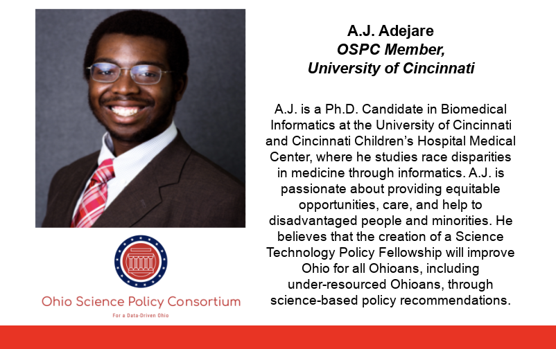 OhioSciPol's tweet photo. Welcome, A.J. Adejare (@Kirielson) to the OSPC! A.J. is the Co-Founder of the @UCSciPol, affiliated with the @scipolnetwork. He works to understand how policies can disproportionally affect science, minorities, medicine, and the combination of the three. https://t.co/wYD5Yc6Ws5