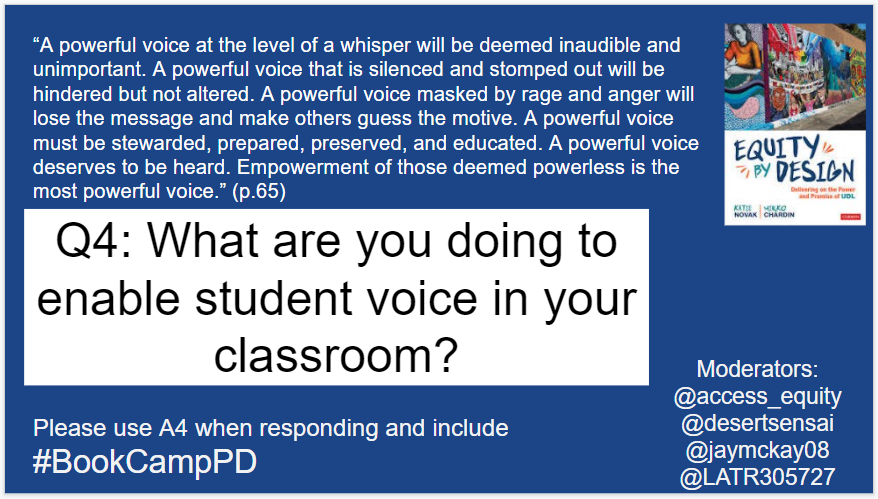 access_equity's tweet photo. On page 65, Fitzgerald explains how vital it is to have not only a voice, but an empowered voice. 

Q4: What are you doing to enable student voice in your classroom?
#BookCampPD https://t.co/QJeZBtraGw