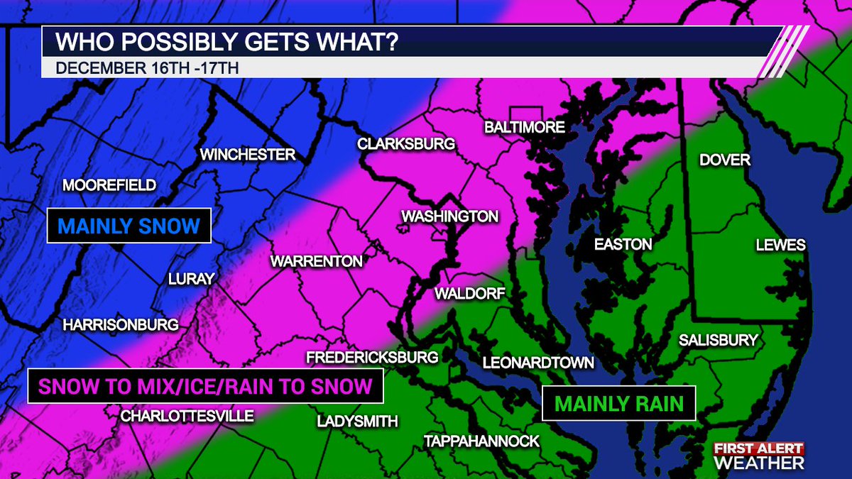 AdamMooreWX's tweet photo. This forecast is definitely not an easy one because of the rain/snow line but here is an updated map on who may see what. I-95 will be the big battlezone for seeing all 4 types of precip. #STORMTEAM #weather @AlexKimWX @ReaganClaggWX @LivPhillipsWX @LHSEAGLESVA https://t.co/gGofDc0aRZ
