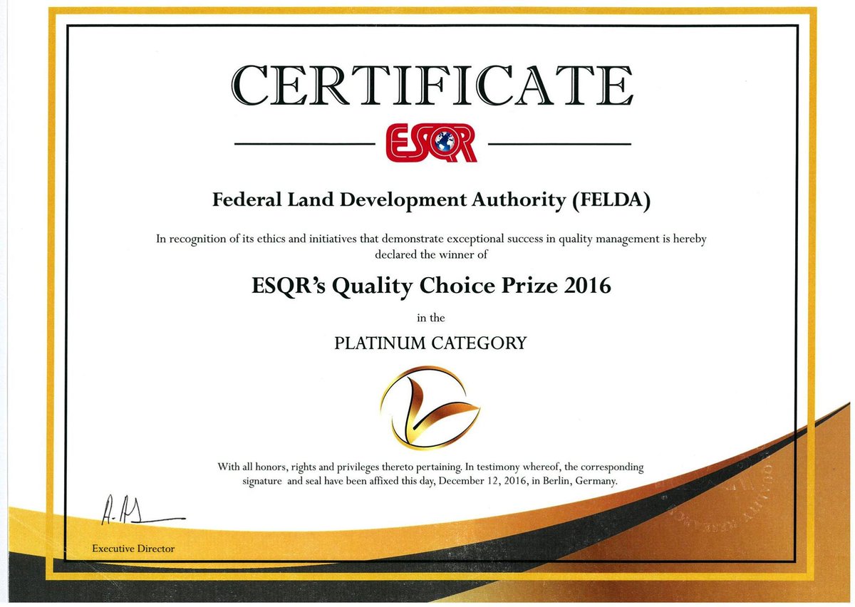 Pada tahun 2016, FELDA juga mendapat "anugerah" yang diberi oleh ESQR. Pengerusi FELDA ketika itu, Isa Samad juga hadir ke majlis penyampaian anugerah di Berlin, Jerman.