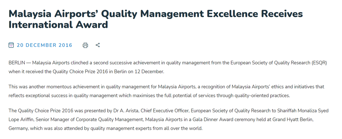 Malaysia Airports Holdings Berhad (MAHB), sebuah GLC di bawah Khazanah Nasional juga menang "anugerah" oleh ESQR pada tahun 2016. Malaysia ni hebat kan?Selain 2016, MAHB juga pernah menang "anugerah" ESQR pada 2015 dan 2019.