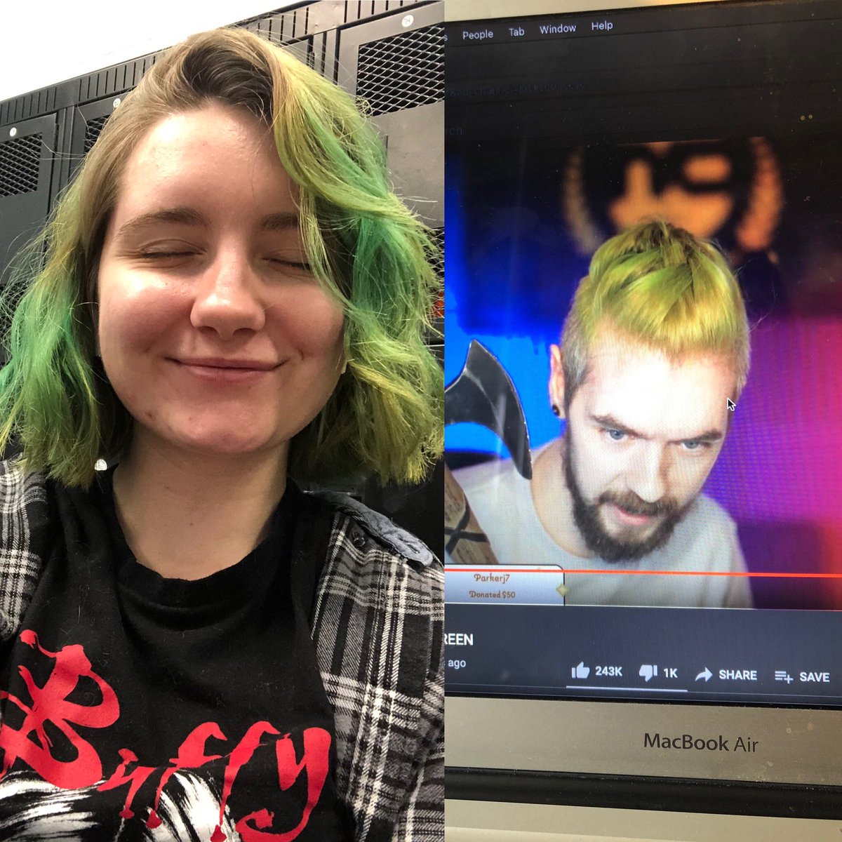 rnorgan13's tweet photo. Watching @Jack_Septic_Eye #thankmas stream and realized his hair looked familiar ... 
The McLa/o/ughlins are out here repping green hair https://t.co/EC1QHvxAko