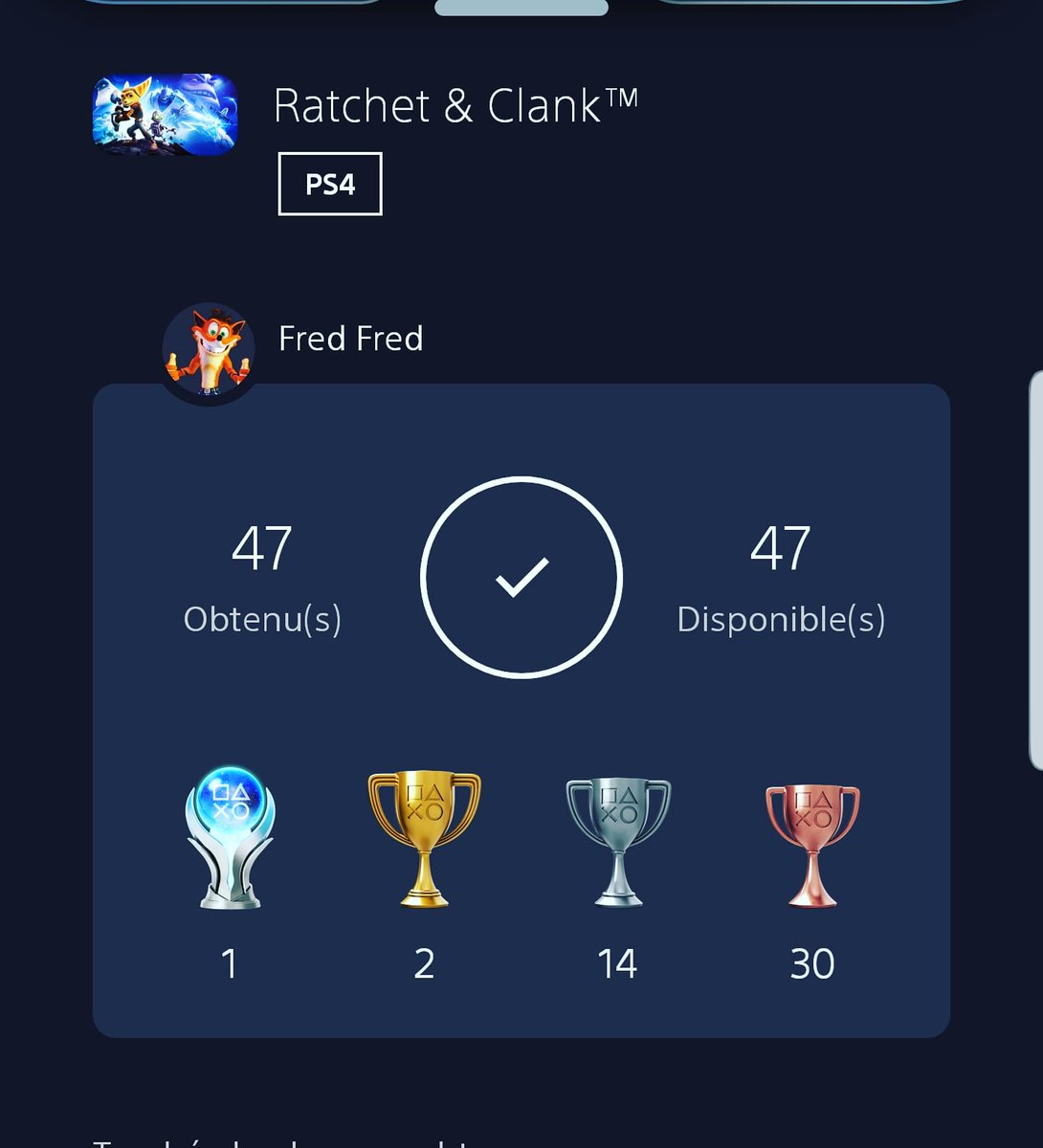 Petit platine de Ratchet &amp; Clank ! 🎮😊🏆
#PS4 #platine #trophées #trophyhunting #jeuxvideo #RatchetetClank
