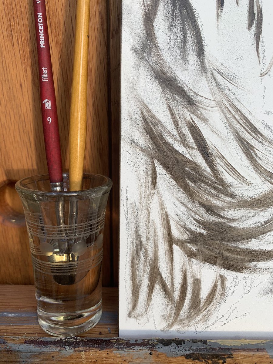 I’m going to start painting in some whites now. I will use a fresh new brush so that things don’t get “muddy” where the white would have sepia mixed in.I store my sepia colored brushes in oil in this Art Deco shot glassI doesn’t have to be Art Deco or a shot glass 