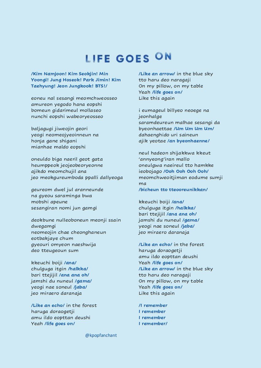 Kpopfanchant1's tweet photo. BTS - LIFE GOES ON
Black text: BTS
Blue text: BTS & ARMY
#BTS #btslifegoeson_ #btslifegoeson #lifegoeson #lifegoesonfanchant #LGO #btsfanchant #btsfanchanttext #RM #kpop #korea #jimin #jungkook #jhope #Jin #suga #v #daily #army #kpopfanchant #bts #bangtanboys #fanchantguide https://t.co/Xt79wW5jfh