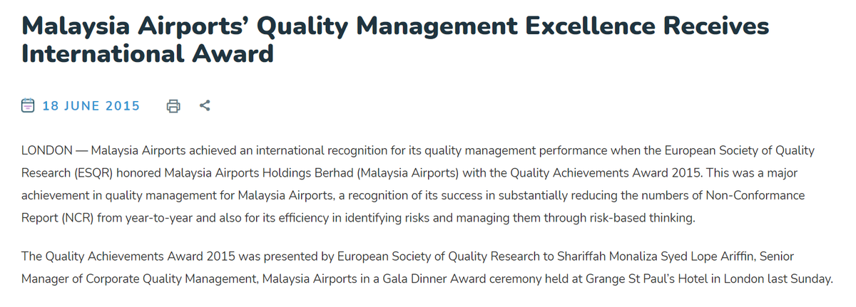 Malaysia Airports Holdings Berhad (MAHB), sebuah GLC di bawah Khazanah Nasional juga menang "anugerah" oleh ESQR pada tahun 2016. Malaysia ni hebat kan?Selain 2016, MAHB juga pernah menang "anugerah" ESQR pada 2015 dan 2019.