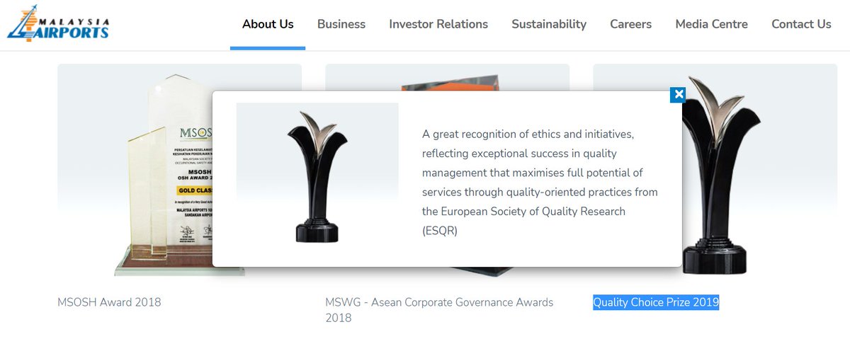 Malaysia Airports Holdings Berhad (MAHB), sebuah GLC di bawah Khazanah Nasional juga menang "anugerah" oleh ESQR pada tahun 2016. Malaysia ni hebat kan?Selain 2016, MAHB juga pernah menang "anugerah" ESQR pada 2015 dan 2019.