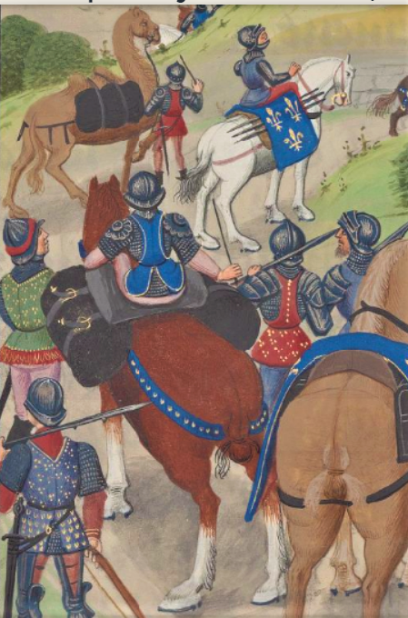 Hitching a lift medieval-style: some interesting details here showing how it was possible to ride on top of a packhorse's load. Looks quite comfy. From Regnault de Montauban, Ms. Arsenal 5073, c. 1462. #packhorse #medievalhorses #15thcentury #saddles #medievalwarfare