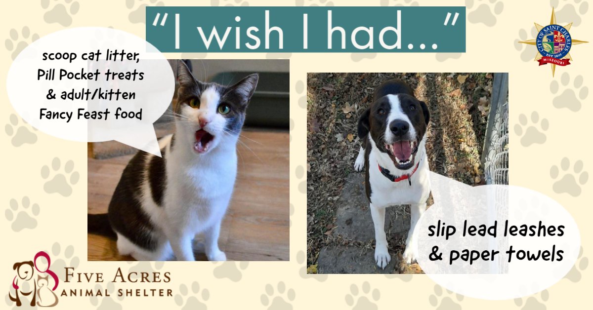 SaintCharlesMo's tweet photo. The Five Acres Animal Shelter is seeking donations this holiday season! 🐾 Donations can be dropped off at 1099 Pralle Lane or sent directly to them through their Amazon wish list.

View their full wish list at https://t.co/8M06ntlUBZ https://t.co/ognNRa6rtd