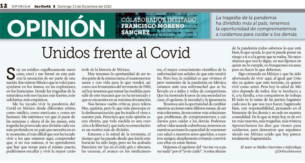 Un llamado a la unidad, nos necesitamos todos para enfrentar al #COVID19, nos ha dividido y nos esta ganando. <a href="/Reforma/">REFORMA</a>