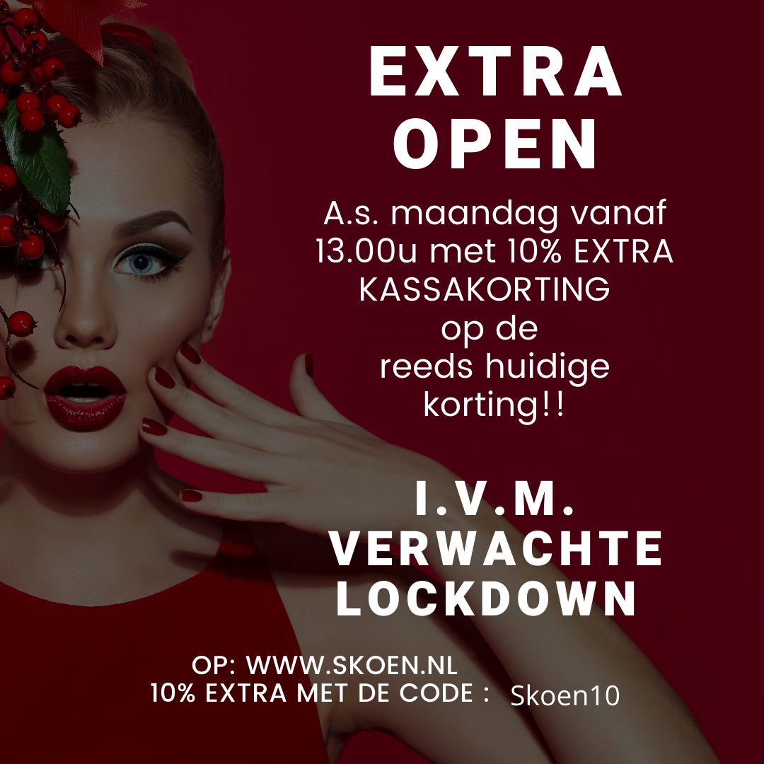 I.v.m mogelijke sluiting van “niet noodzakelijke “ #winkels zijn wij  a.s.maandag EXTRA open vanaf 13.00u..  met 10% EXTRA #kassakorting #benedenleeuwen en uiteraard zoals altijd #Tiel of online  skoen.nl met de code: Skoen1009
