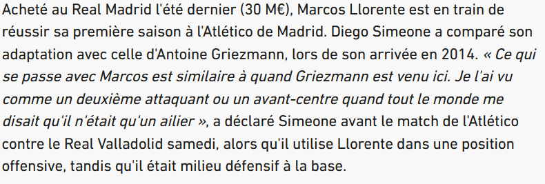 Une habilité devant la cage remarquée par El Cholo : « Nous avons pu voir que Llorente marquait but sur but à l'entraînement et vous devez profiter au maximum de ces opportunités dans le football ». Diego Simeone ira même jusqu'à le comparer à Antoine Griezmann cet été.