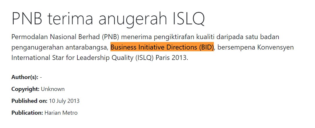 Pada 2013, Permodalan Nasional Berhad (PNB) juga menerima "anugerah" yang diberi oleh BID.
