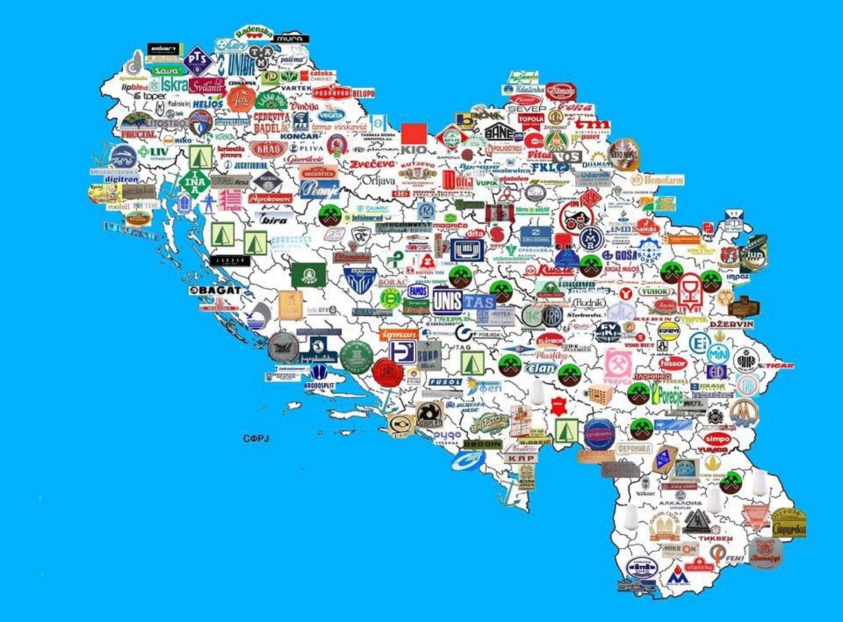 Let's start a  #Serbian &  #Yugoslav map thread.Here I'll share the best material I compiled over 3 years about the  #History of  #Serbia &  #Yugoslavia.Let's start with a map of companies implanted in SFR.Yugoslavia.57 are detailed in the link provided. https://investitor.me/2019/06/17/50-brendova-koje-je-proizvodila-sfrj-za-evropu-i-svijet/