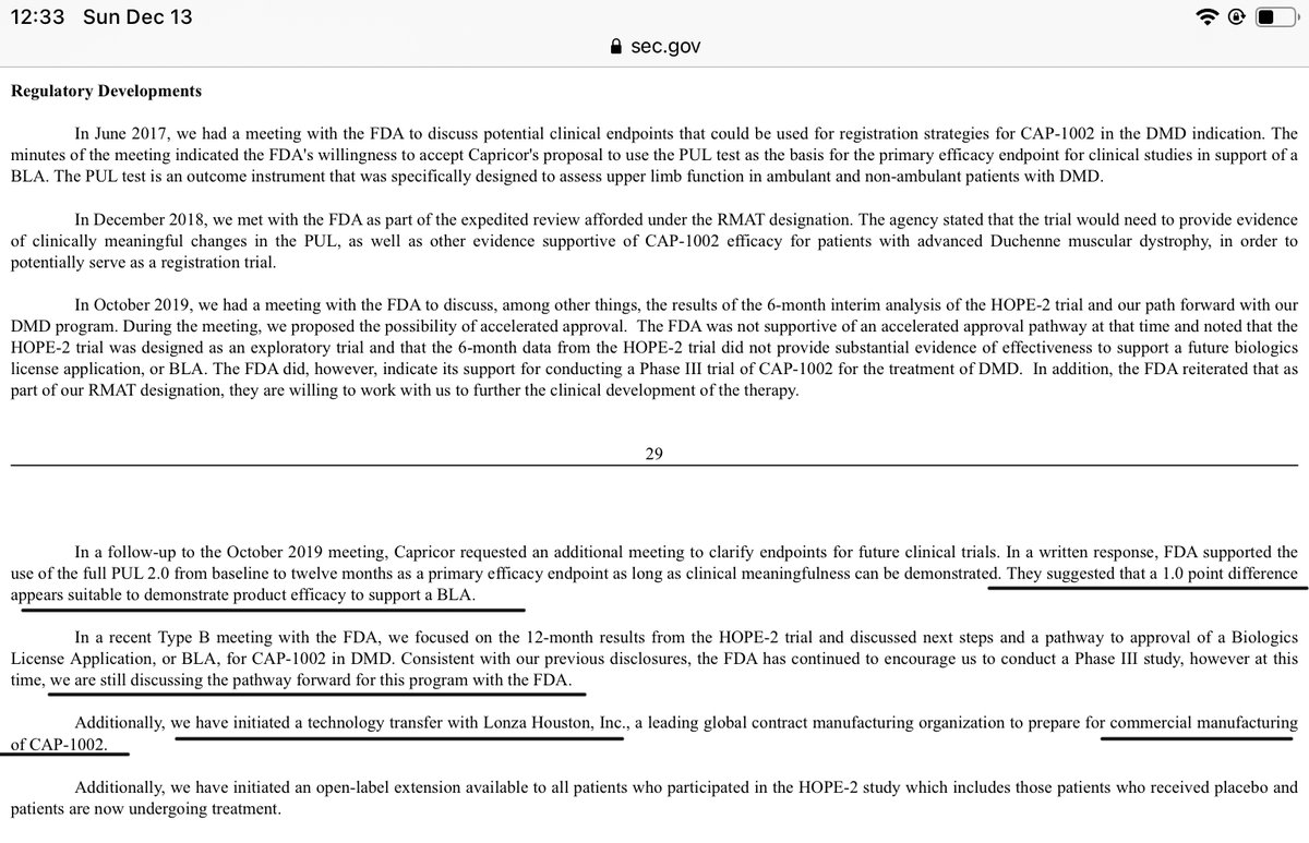  $CAPR 4/n co has also stated in sec filing that they have initiated tech transfer process with Lonza group for commercial scale mfg process for cap-1002. Why would they do that unless they expect Lonza documentation will be part of bla submission?