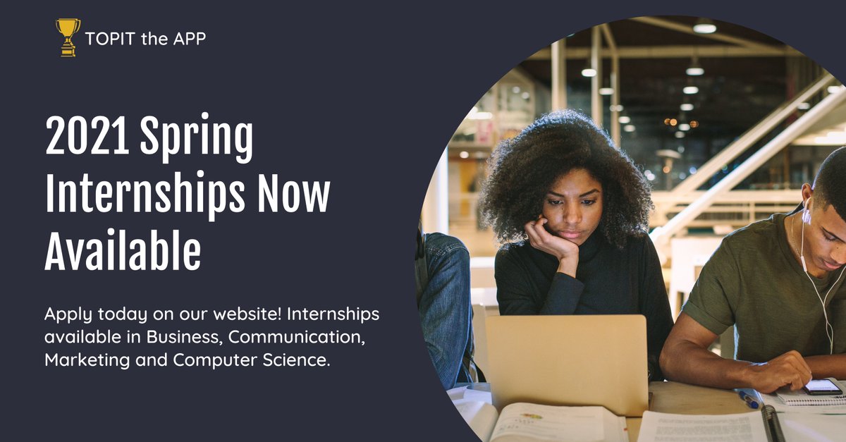We're now accepting applications for Spring 2021 Interns! If you're looking to gain real experience with our startup, please apply at topit.co/careers

#BusinessMajors #CommunicationMajors #MarketingMajors #ComputerScienceMajors #internships #TOPITtheApp