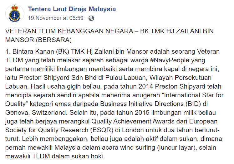 Veteran TLDM ni paling hebat. Dia pernah mendapat "anugerah" ESQR dua kali dan "anugerah" BID.