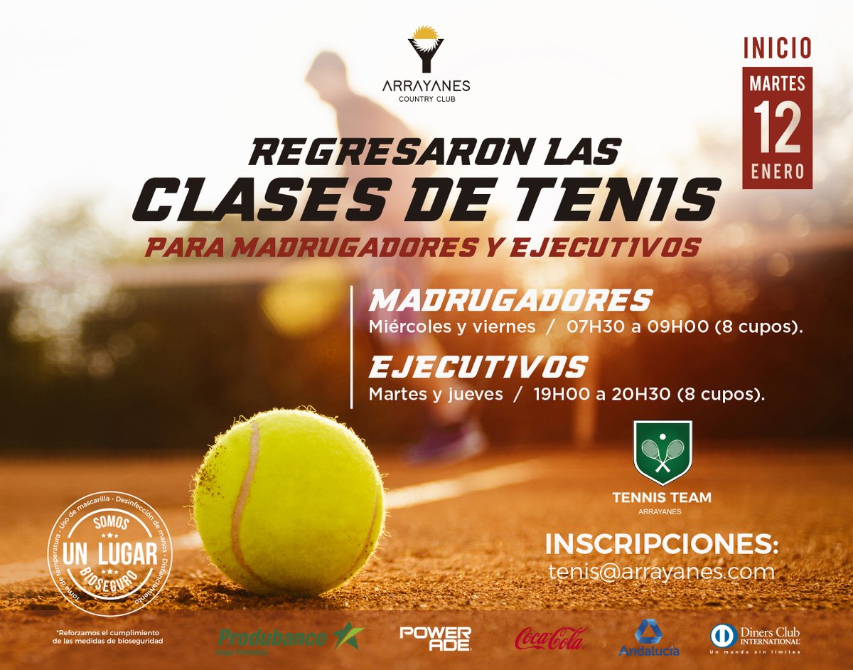 ArrayanesEC's tweet photo. Invitamos a todos nuestros Socios a formar parte de la Escuela de Tenis para Ejecutivos y Madrugadores que iniciará el 12 de enero del 2021.
¡Inscríbete desde ya!
Para mayor información comunícate con: tenis@arrayanes.com
#YoSoyArrayanes #YoAmoArrayanes #SomosArrayanes ✌🏽 https://t.co/4YIFB2YwAF