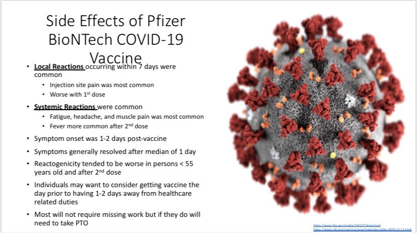 Since I am helping lead the  #Pfizer  #CovidVaccine rollout at our institution I have spent a lot of time doing town halls and engaging with people on the vaccine. One of the most common questions I get is in regards to side effects so I thought I would post my slides