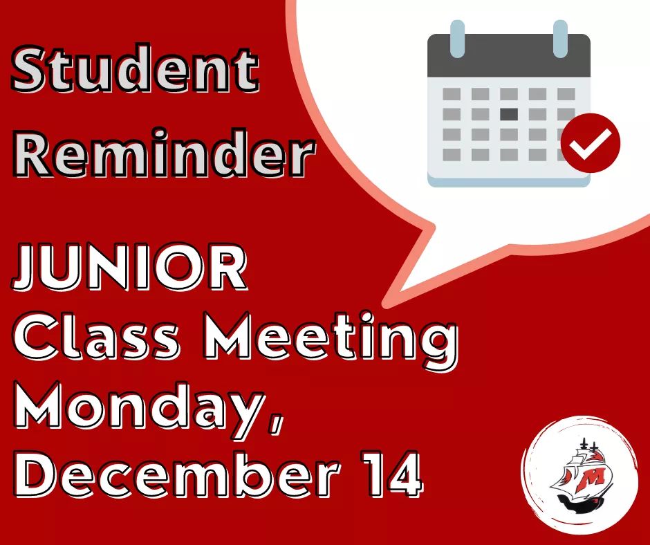 Juniors! Reminder, there will be a virtual class meeting on Dec. 14

Students with last names A-K meet from 8:30am - 8:50am. 

Students with last names L-Z meet from 9:00am - 9:20am.

Link to your Google Meet can be found in your student email and Infinite Campus Inbox.