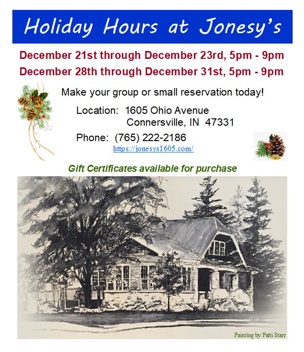 Fayette_Chamber's tweet image. Add a special event to your holiday celebration with a visit to Jonesy's Fine Dining, Connersville, Indiana.