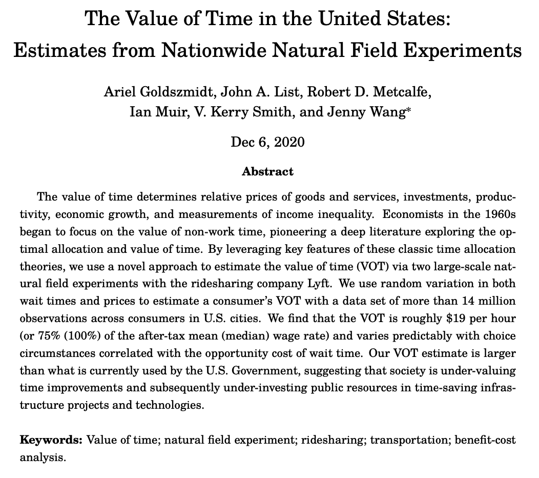 New <a href="/nberpubs/">NBER</a> paper on estimating the Value of Time (VOT) 

Prices and wait times on <a href="/lyft/">Lyft</a> app were randomized across 14 million sessions in a dozen large US markets 

with Goldszmidt, List, Muir, Smith, &amp; Wang
nber.org/papers/w28208  
ideas.repec.org/p/feb/natura/0… ungated

\thread