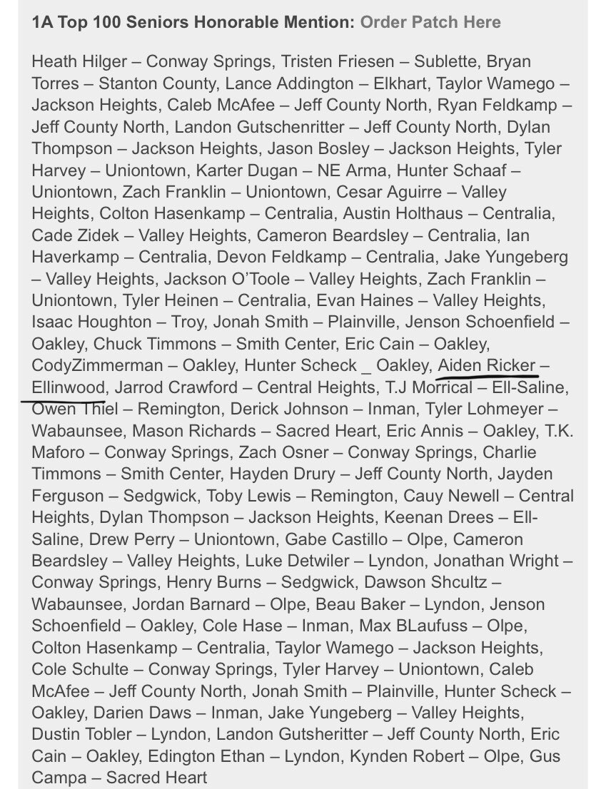 EHSEaglesFB's tweet photo. Congrats to Aiden Ricker for being recognized on the 1A Top 100 Seniors list from @sportsinkansas. Very well deserved! 96 tkls, 67 solo, 11 TFL. All came Olpe, Oakley, Inman, Smith Center, Conway Springs, Sedgwick, Sacred Heart, Plainville, Ell-Saline. #EarnedIt https://t.co/Z5Exa9bDPR
