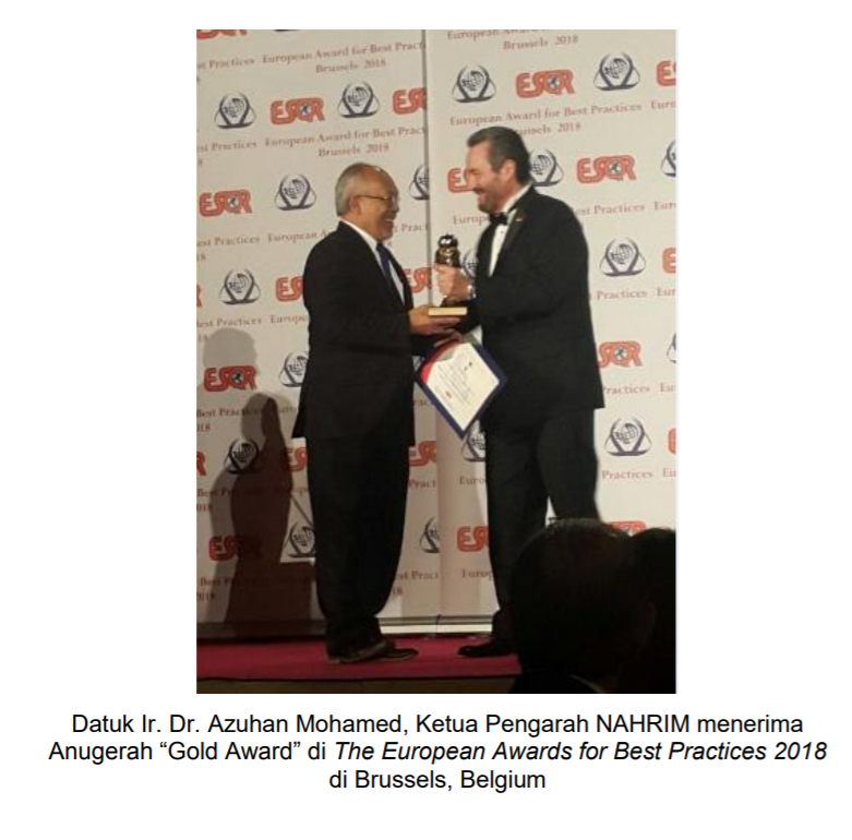 Pada 2018, Institut Penyelidikan Hidraulik Kebangsaan Malaysia (NAHRIM) di bawah Kementerian Sumber Asli dan Alam Sekitar menerima "anugerah" oleh ESQR di Brussels, Belgium.Penyampai "anugerah" yang sama tiap-tiap tahun.