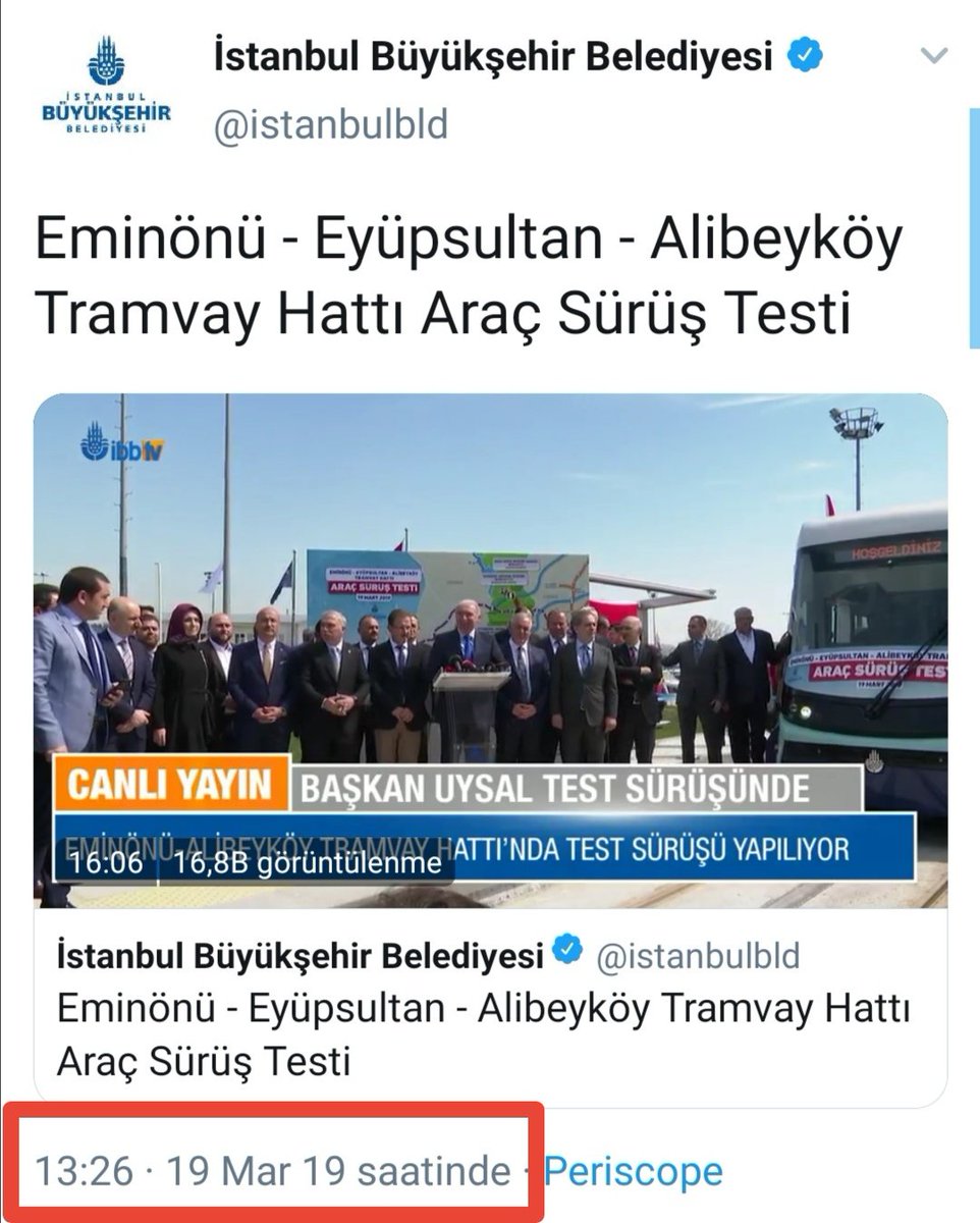Bugünkü İBB yönetiminin yapabildiği tek şey 19 Mart 2019'da test sürüşünü yaptığımız Eminönü, Eyüpsultan, Alibeyköy tramvay hattının 20 ay sonra yeniden test sürüşünü yapabilmek. Takdir İstanbulluların...