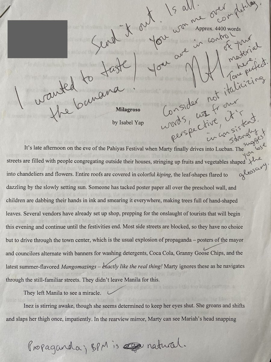 A short story about a short story: in 2013, Clarion week 2, I had SFWA Grand Master Nalo Hopkinson as my instructor. I remember thinking to myself, "I want to write a very Filipino story this week." These are the notes she left on my story. I'm near tears looking at this.