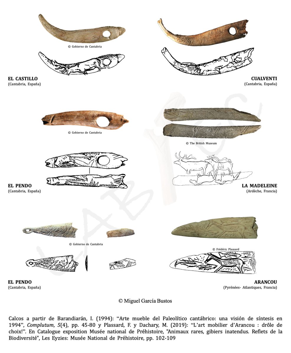Tanto el ciervo como la cierva aparecen también sobre soportes muebles como bastones perforados o plaquetas. Durante el Magdaleniense llegaron a ser representaciones de enorme calidad  y realismo como estos ejemplos que os mostramos 