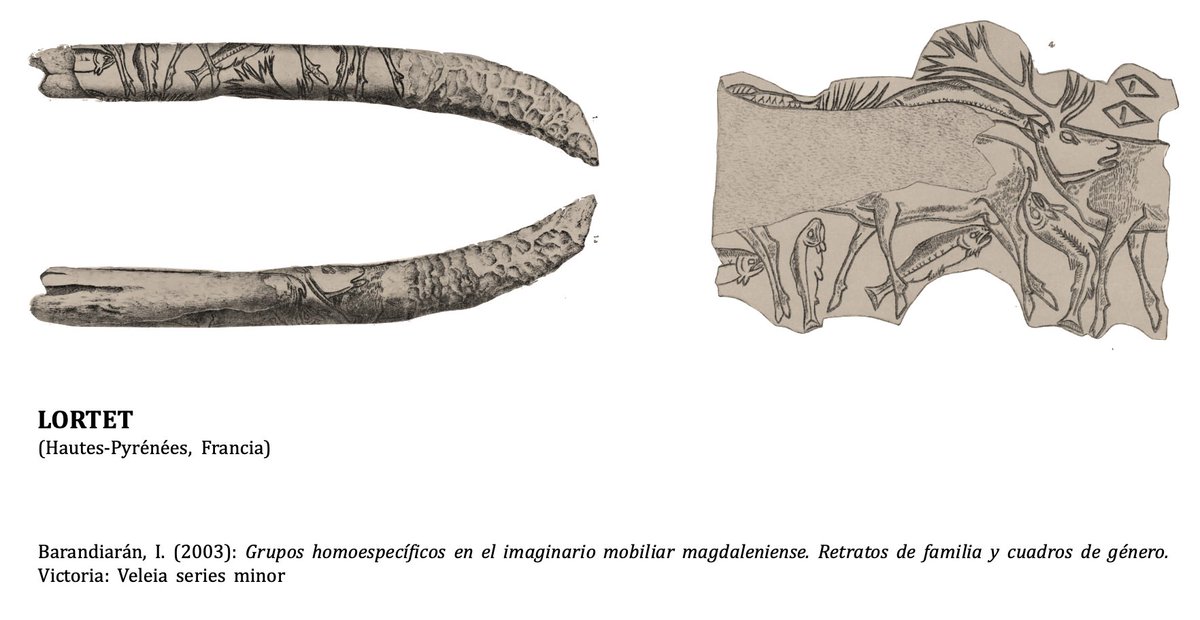 Las escenas  son muy escasas en arte paleolítico, pero podemos destacar dos que protagonizan el Cervus elaphus. La primera corresponde a una cierva dando de mamar a su cría  (Parpalló), única junto a otra de Bourgnetou. La segunda, tres ciervos cruzando un río  (Lortet)