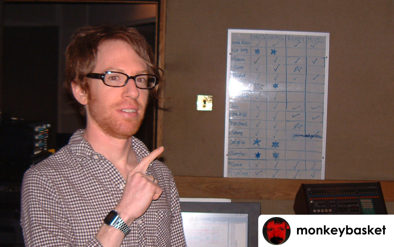 MonkeyBasket's tweet photo. Mayfair Studio, Primrose Hill. Clock ticking, Tony Hoffer points to the list of what needs finishing. Still changing lyrics during the final mixing session. #timstwitterlisteningparty https://t.co/O7xXpSRYTq