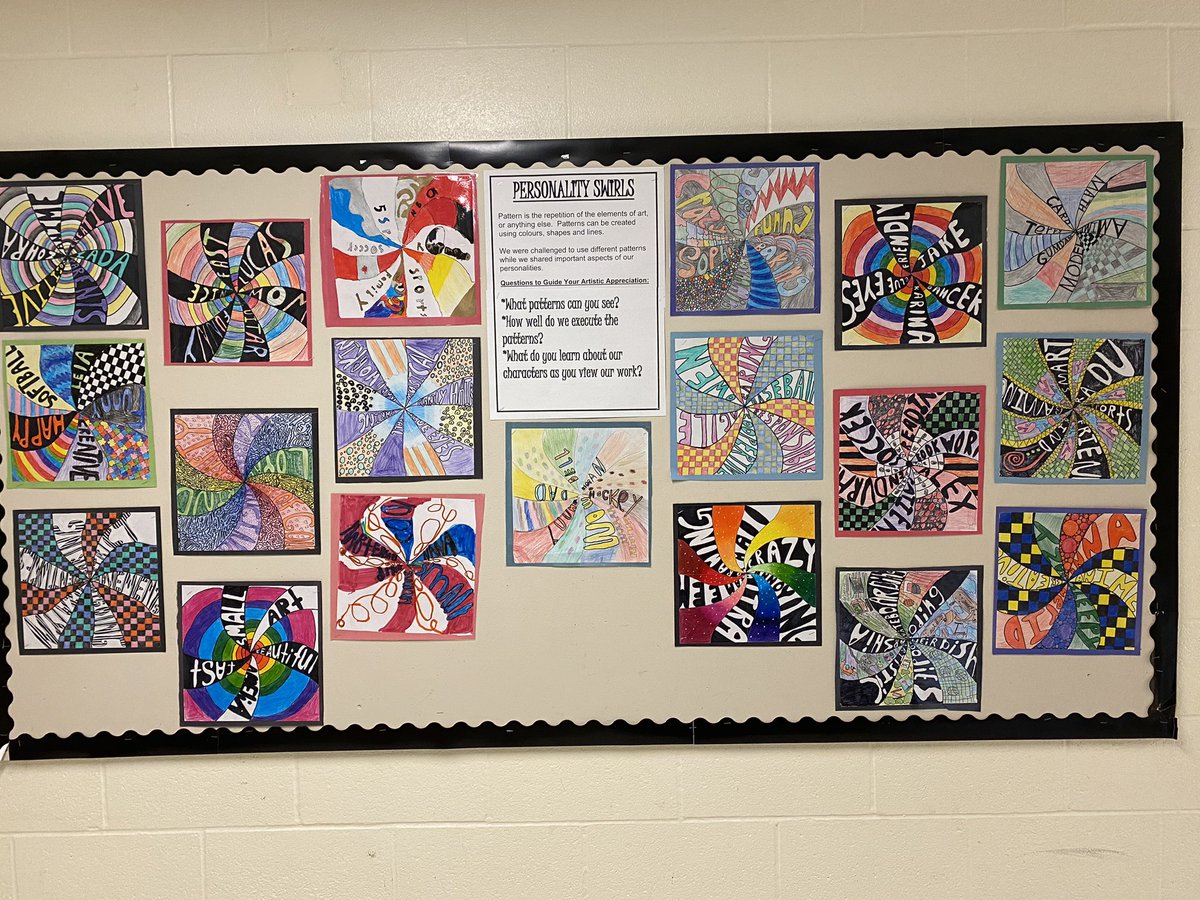 denneclegg's tweet photo. The next art task is done and on display!  Students worked diligently to show patterns and their personalities!  Ask how the swirl was@crested and the word choices that appear on your child’s piece. 😊 https://t.co/TpjAxolffl