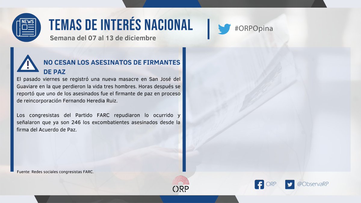 ObservaRP's tweet photo. Entérese de la opinión de los excombatientes en el Congreso sobre los temas de interés nacional
#ORPOpina 📣

Boletín de temas de interés nacional: 07 al 13 de diciembre. https://t.co/EYNfiXLYRY