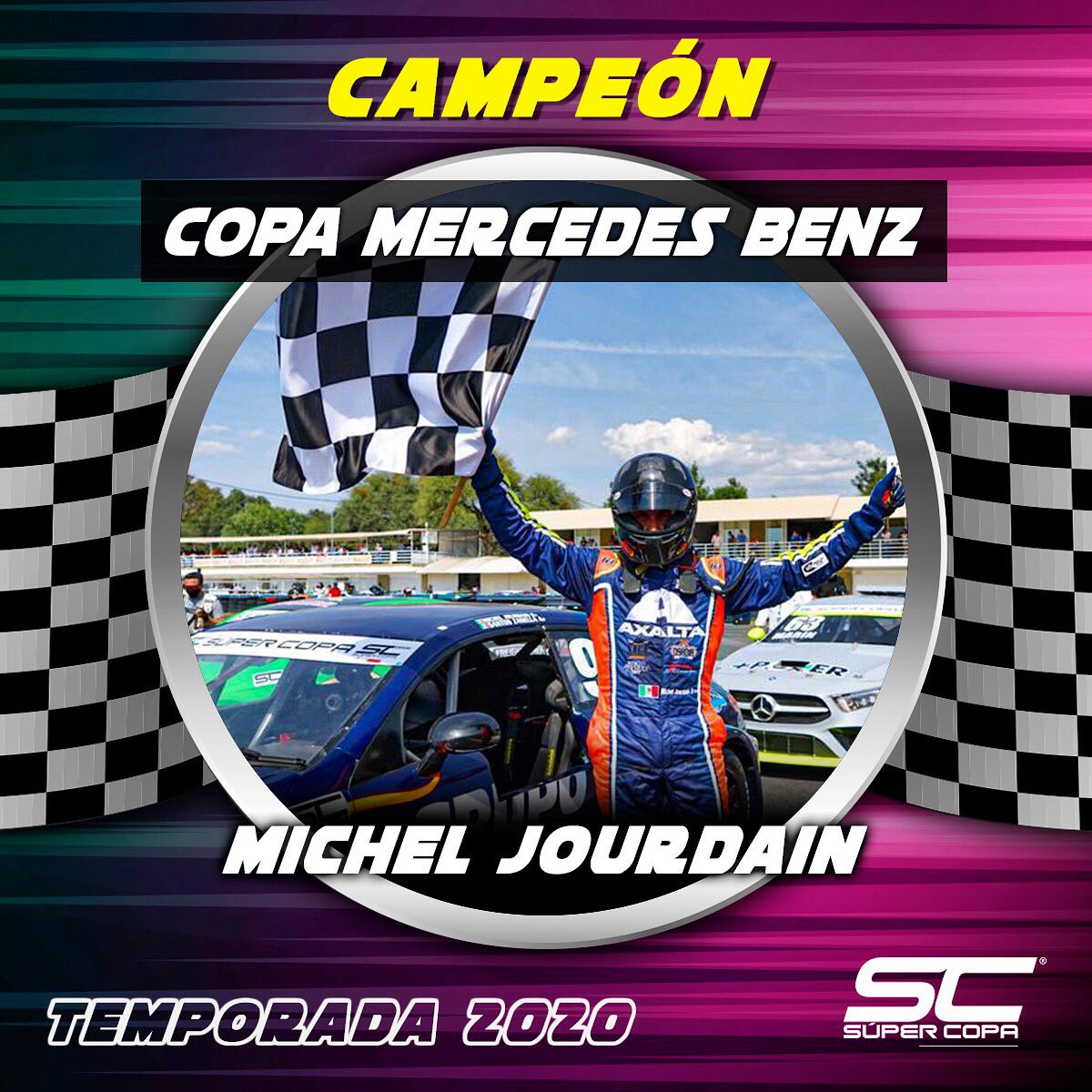 SuperCopaMex's tweet photo. Después de una gran temporada y carreras muy peleadas, el internacional @MichelJourdain se corona campeón de la categoría Copa Mercedes Benz Pro 1 #SuperCopaMex https://t.co/trjUx64yCv