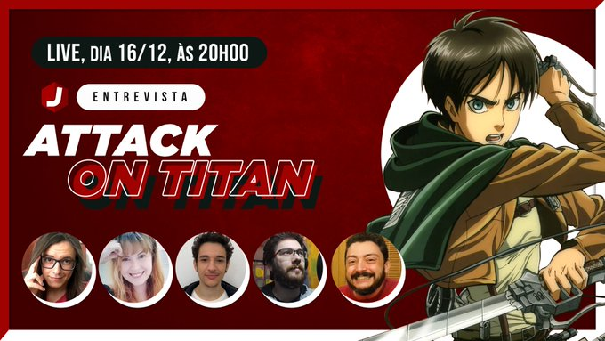jboxbr's tweet photo. Não esqueça! Dia 16/12, às 20h, rola #JBoxLIVE com os dubladores de #AttackOnTitan! Lucas Almeida (Eren), Mayara Stefane (Mikasa), Pedro Volpato (Armin), Guilherme Marques (Erwin) e Bruno Sangregorio (Levi) vão estar junto ao time do JBox. Inscreva-se em: https://t.co/9ItgxsCVFn https://t.co/TRZSbZqTXb