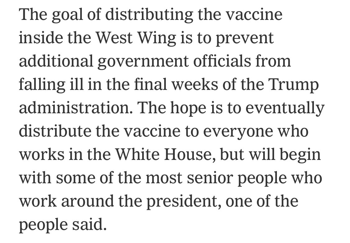 It seems it is the administration first, so the architects of our covid “policy,” and then the rest of the staff  https://www.google.com/amp/s/www.nytimes.com/2020/12/13/world/white-house-staff-members-will-be-among-the-first-to-be-vaccinated.amp.html%3f0p19G=6214