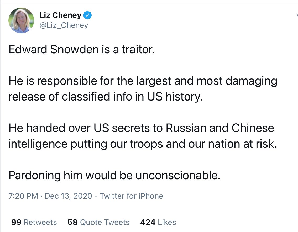 Of course...The neocon ally of US liberals speaks up. @Liz_Cheney is an abject liar. She says Snowden “handed over US secrets to Russian and Chinese intelligence” because she comes from a family of liars & her career rests solely on her father, one of this century’s worst liars.