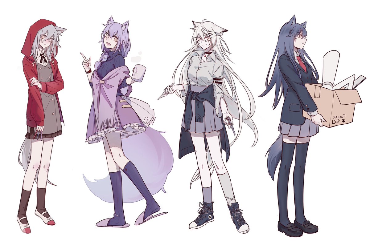 lappland (arknights) ,projekt red (arknights) ,texas (arknights) animal ears tail multiple girls wolf tail wolf ears 4girls wolf girl  illustration images